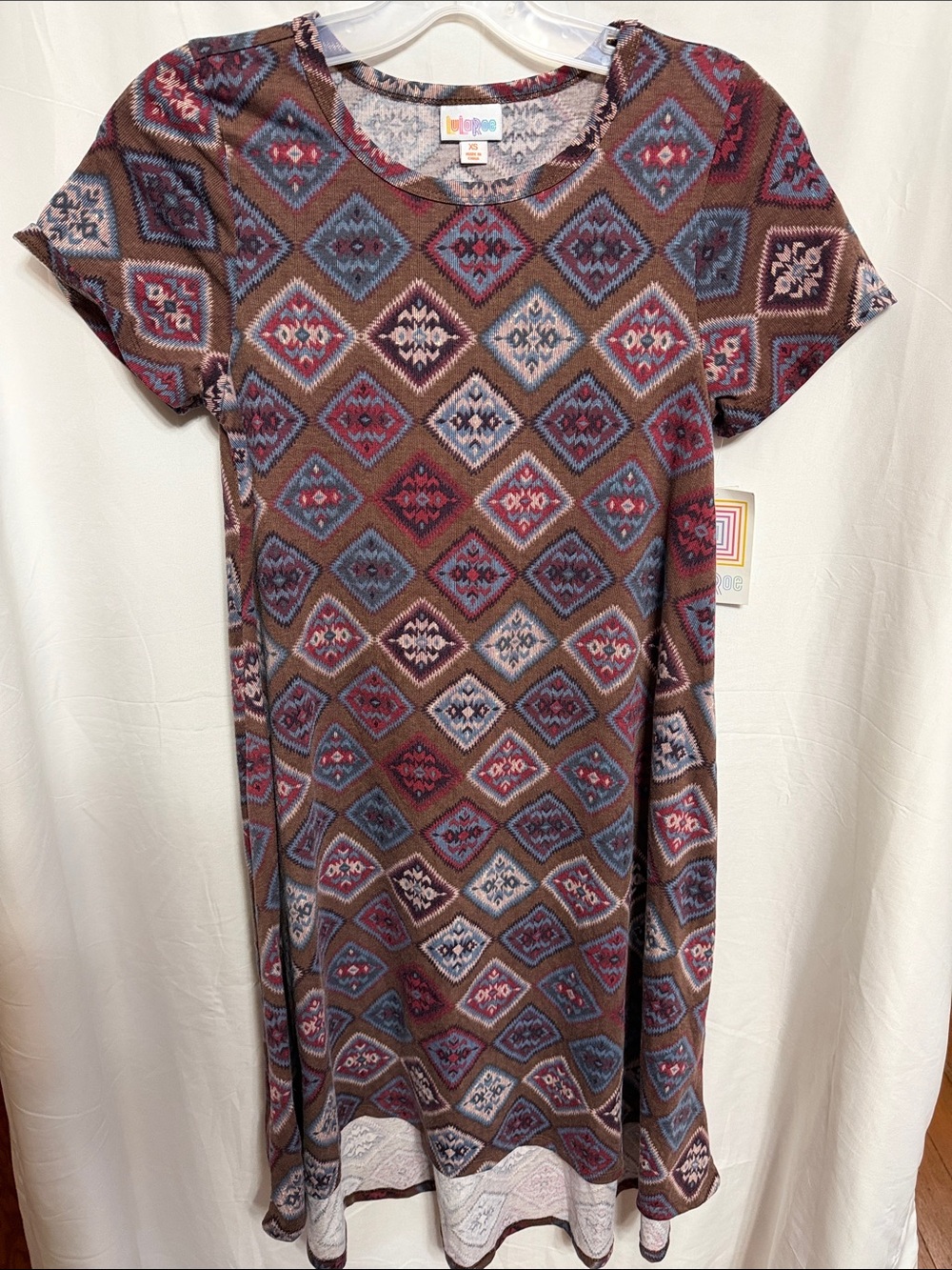 LuLaRoe Brown Multi Diamond-Print Midi Dress with Blue & Red Accents